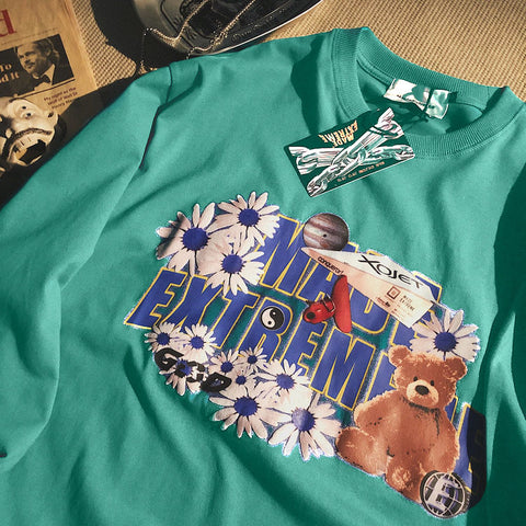 Sonicelife Vintage Couple Sweatshirt Women Floral Bear Loose Casual Long Sleeve Hoodies Oversized Streetwear Crew Collar Harajuku Top Cloth