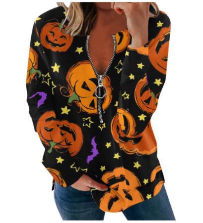 Sonicelife Women Halloween Long Sleeve Sweatshirts Pumpkin Ghost Printed Loose Tops Round Neck Tee Casual Autumn Party Zipper Streetwear