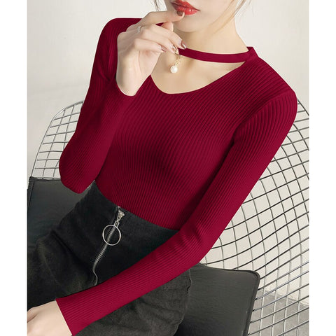 Sonicelife Christmas Gift AOSSVIAO V Neck Sweaters Women 2024 Autumn Winter Long Sleeve  Slim Tops Solid Streetwear Knitted Korean Pullover Burgundy