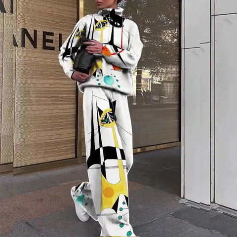 Sonicelife  Women Vintage Turtleneck Print Tops Pullover + Wide Leg Pants Suits Casual Pattern Knit Tracksuit 2 Piece Set Fashion Streetwear