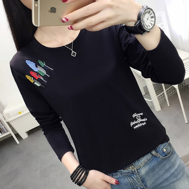 Sonicelife Christmas Gift Plus Size T Shirt Women Clothes 2024 Embroidery Tshirt Long Sleeve Tops Clothing T-Shirts Casual Tee Shirt Femme Poleras Mujer