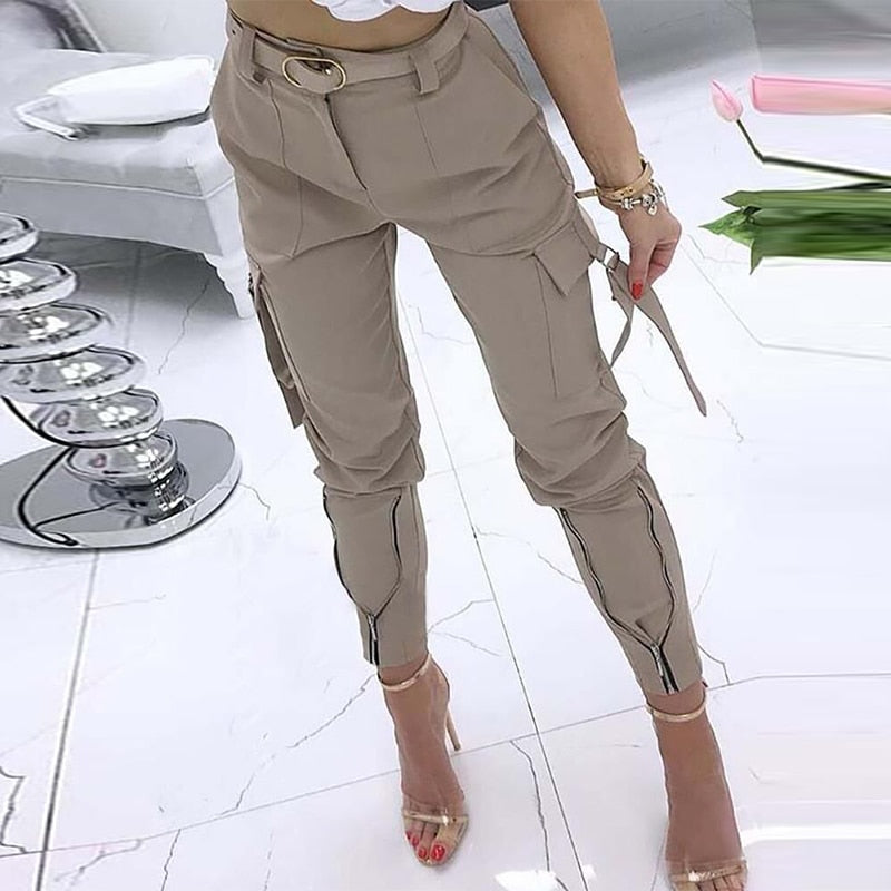 Sonicelife  Women Casual Design Zipper Cargo Pants Fashion Skinny  High Waist Plaid Print Trouser 2023 New Elegant Female Long Pants 5XL