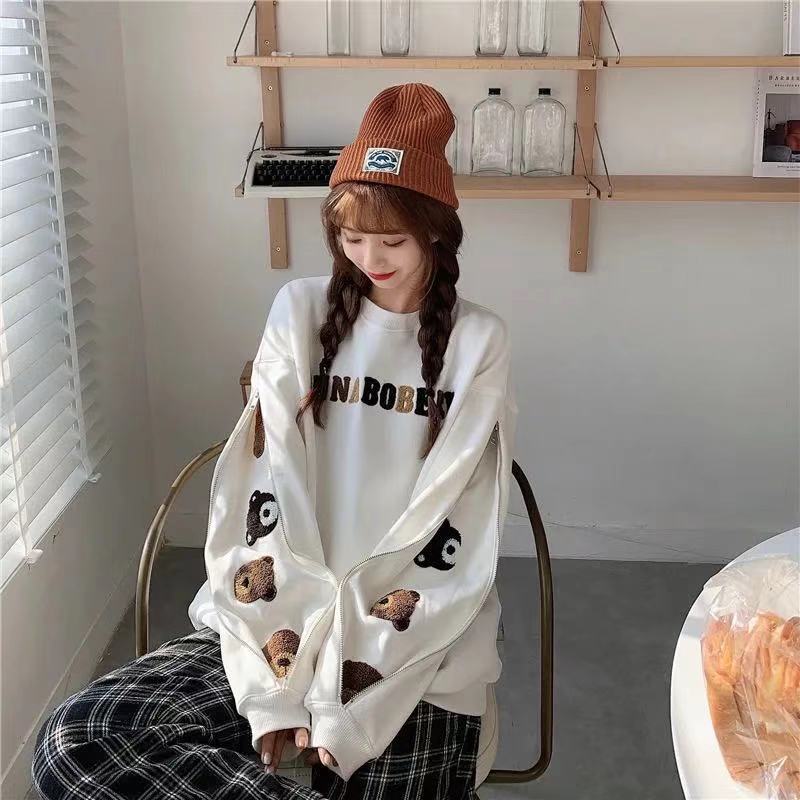 Sonicelife Embroidery Oversized Pullover Women Couple Harajuku Hoodies Winter Fleece Long Sleeve Sweatshirts Loose Casual Jacket Warm Tops