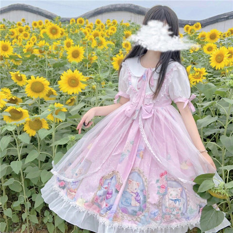 Lolita sweet Japanese soft sister Lolita cat high waist mesh short sleeve op dress Kawaii girl summer