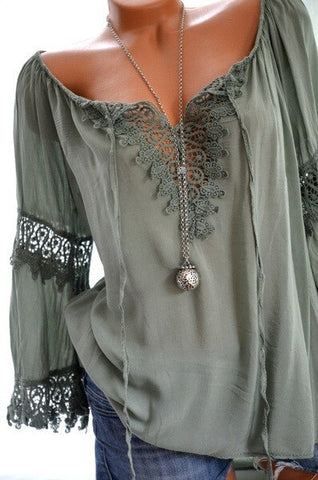 Sonicelife High quality large size loose women blouses 2024summer blouses lace top fashion casual V-neck long sleeve women shirts