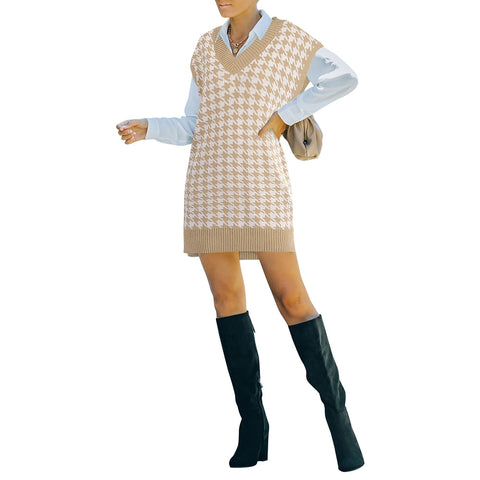 Sonicelife Women Houndstooth Sweater Vest Vintage V Neck Sleeveless Pullover Loose Chic Knitwear Plaid Spring Autumn Office Ladies Tank Top