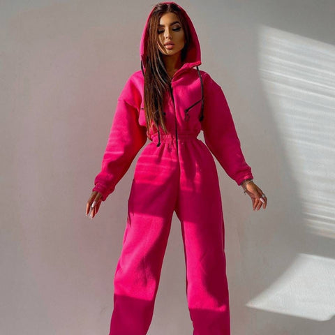 Sonicelife  Casual Women Basic Hoodie Jumpsuit Zipper Drawstring Overalls Fleece Lined Streetwear Tracksuit Solid Rompers One Piece Outfit