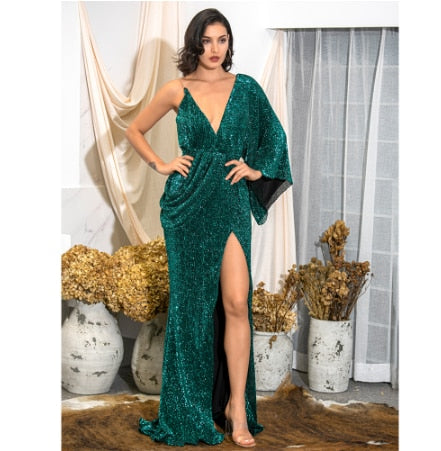 Sonicelife Rose Gold V-Neck Single Sleeve Sequins Split Party Maxi Dress LM81848