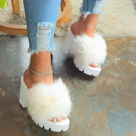 Back To School Outfit Sonicelife  Women's Sandals Summer High Heels Vintage Plush Fur Slippers Peep Toe Square Heel Wedges Sandals Shoes Zapatos Mujer