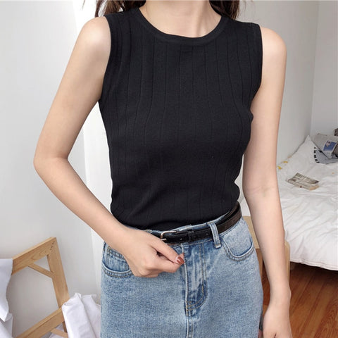 Christmas Gift 2021 Mujer Black Tank Tops Women Summer Top Elasticity White Knitted Striped Casual Womens Clothes Camiseta Haut Femme Verano