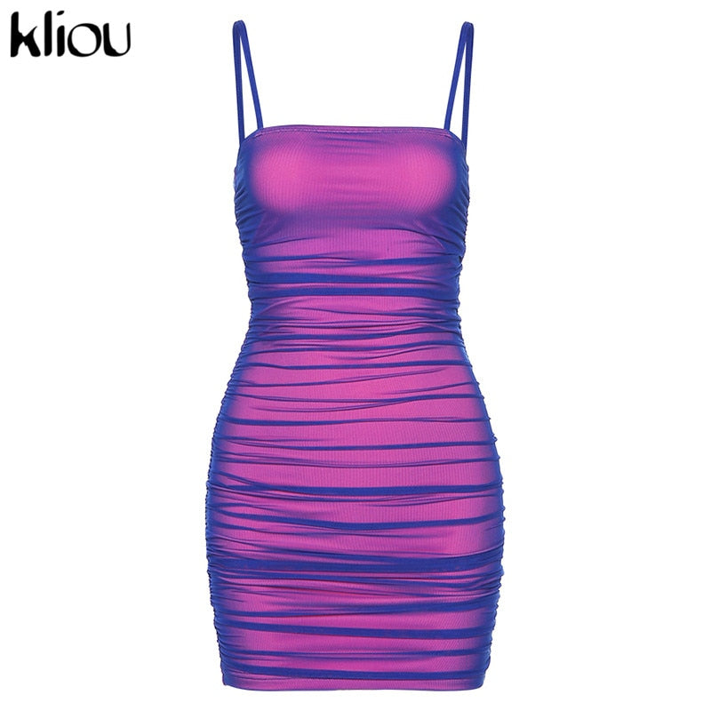 Kliou Reflective Fashion  Dress Summer Clothes for Women Slash Neck Camisole Skinny Mini Dresses Female Club Partywear