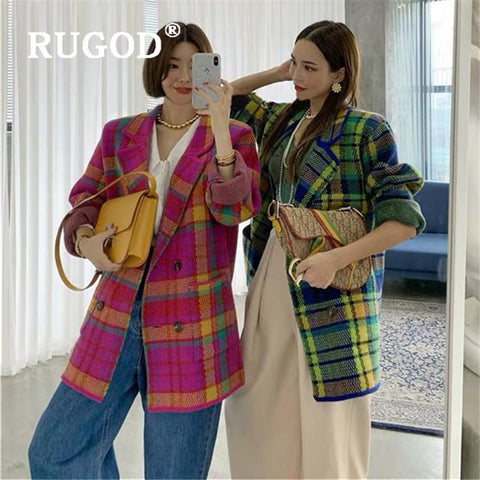 RUGOD Fashion Bright Pink Green Plaid Knit Suit Korean Elegant Notched Collar Belted Vintage Jacket Autumn Winter Women's Suits