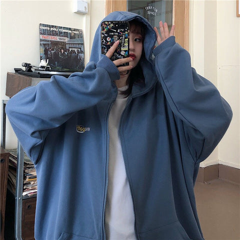 Sonicelife Vintage Zip Up Hoodie Oversized Harajuku Couple Streetwear Women Plus Size Loose Hooded Clothes Casual Thin Sweatshirts Pullover