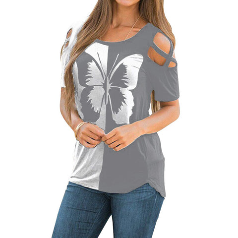Summer  Hollow Out Short Sleeve Blouses Shirt Casual O-Neck Pullover Tops Women Fashion New Butterfly Print Shirt Blusas D30