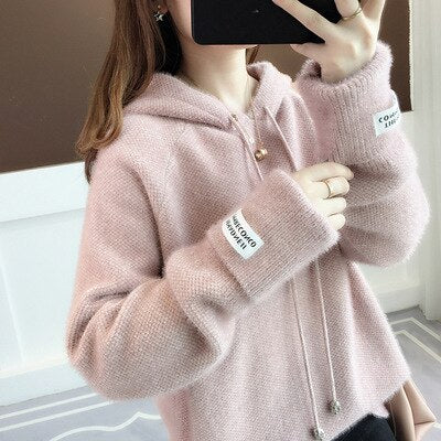 Women's Jumper 2023 New Spring Autumn One Size Hooded Long Sleeve Top Korean Fashion Loose Solid Color Lazy Wind Woman Sweater