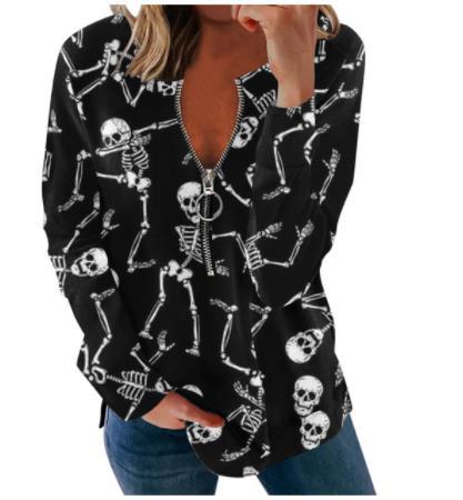 Sonicelife Women Halloween Long Sleeve Sweatshirts Pumpkin Ghost Printed Loose Tops Round Neck Tee Casual Autumn Party Zipper Streetwear