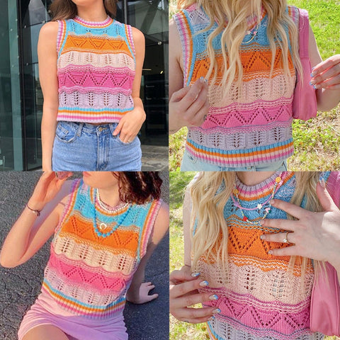 Sonicelife New Women Sweet Fashion Rainbow Striped Crochet Top Vest Sweater Female Retro O-neck Sleeveless Chic Casual Top