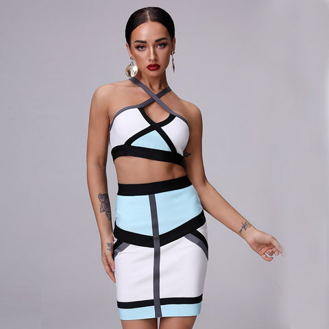 Sonicelife 2023 Summer New Women Color Blocked Halter Two-piece Set HL NEW Bandage Dress Celebrity Club Party Dresses Vestidos Wholesale