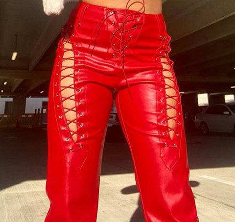 Sonicelife   Faux PU Y2K High Waist Pants Women Chic Hollow Out Bandage  Autumn Trend Leather Club Trousers Slim Streetwear