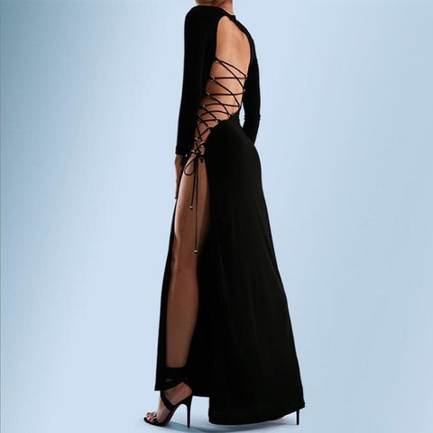 Sonicelife Fall 2023 Fashion Bandage Long Sleeve  Backless Maxi Dress Women Clothing Elegant Club Party Split Dresses