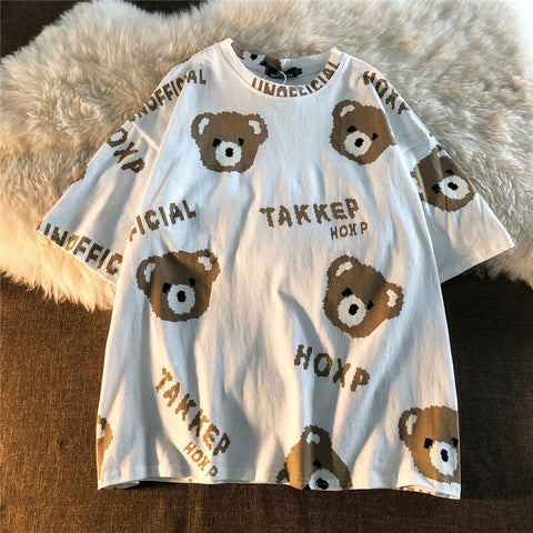 2023 Summer T Shirt Harajuku Korean Style Loose T-shirts Cute Kawaii Bear Printed Couple Tops Women Girls Short Sleeve Clothes