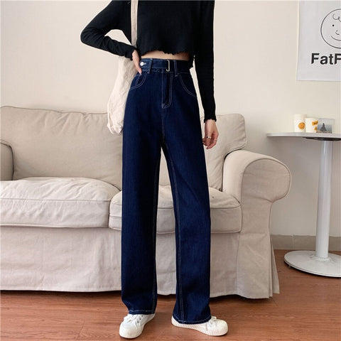 Sonicelife Woman Jeans High Waist Clothes Wide Leg Denim Clothing Blue Streetwear Vintage Quality 2024 Fashion Harajuku Straight Pants