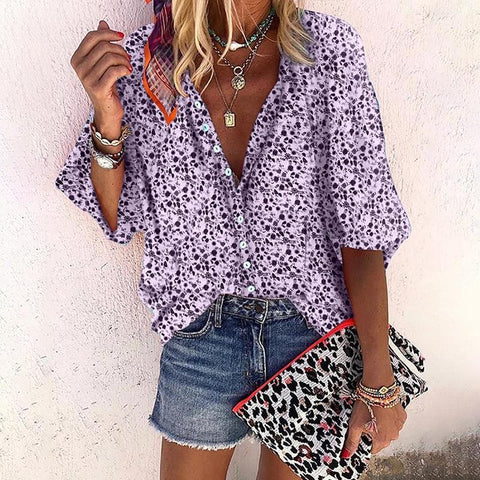 Large size loose women blouse 2023 summer V-neck printed women blouse tops fashion casual five-point sleeve women shirts