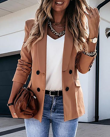 Sonicelife Women Officewear OL Turn-down Collar Button Design Blazer Classic Solid Long Sleeve Double Breasted Blazer Coat Fall