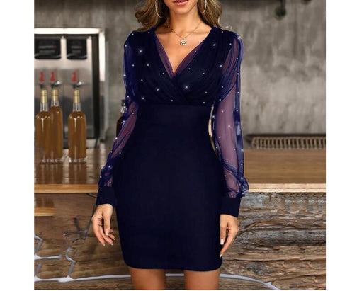 Back to school outfit Sonicelife  2023 Women Dress Autumn  Lace Mesh Patchwork Long Sleeve Party Dresses Female Elegant V-Neck Sequins Slim Bodycon Dress