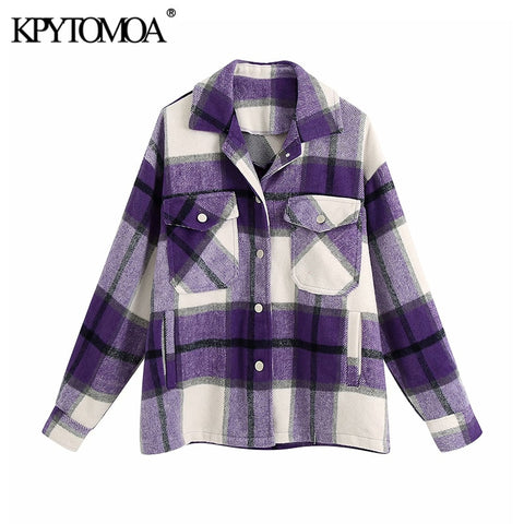 Sonicelife Vintage Stylish Pockets Oversized Plaid Jacket Coat Women 2024 Fashion Lapel Collar Long Sleeve Loose Outerwear Chic Tops