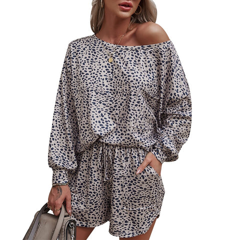 Sonicelife Sale Women Leopard Print T-shirt Shorts Set 2 Pcs Lounge Wear Leopard Print Pajamas Long Sleeve Top Drawstring Homewear Suit D30