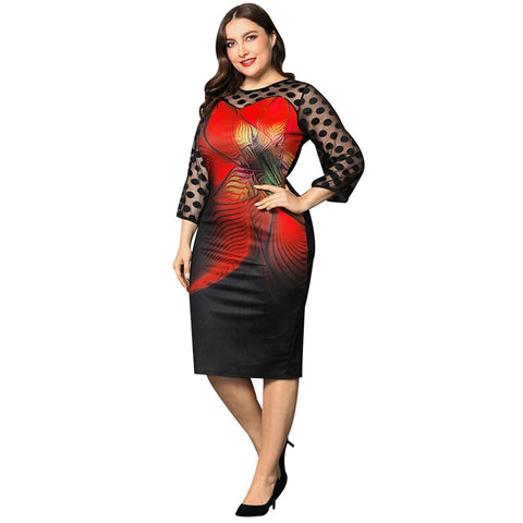 Sonicelife Summer plus size dresses for women Black A-LINE empire Mesh Spliced Dress Large Size Lady Sheer Sleeve Party Dresses Robe D30