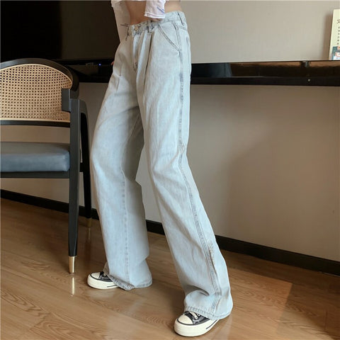 Sonicelife Woman Jeans High Waist Clothes Wide Leg Denim Clothing Blue Streetwear Vintage Quality 2024 Fashion Harajuku Straight Pants