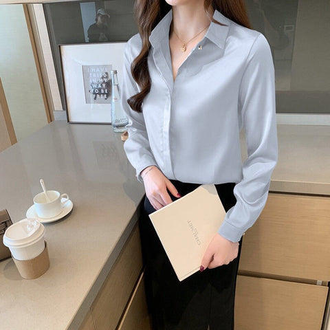 2023 New Summer Fashion Woman Blouses Office Lady Long Sleeve Elegant Blouse Satin Silk Tops Plus Size Woman Basic Shirt
