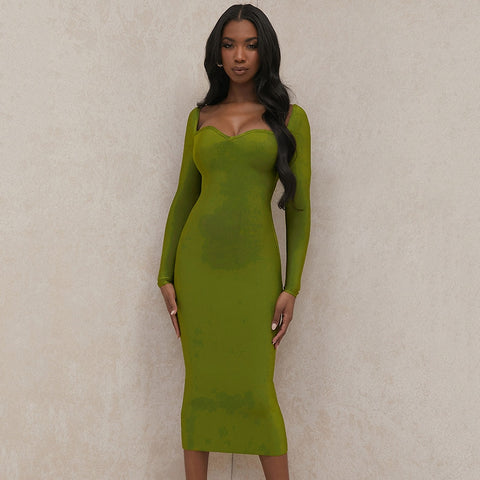 New  Ladies Army Green Mid Length Full Sleeve Dress Backless Bodycon V-Neck Party Evening Club Vestido XL