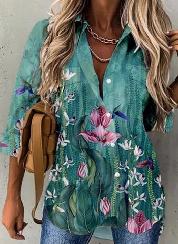 Women Floral Print Turn-down Collar T-Shirts Casual Long Sleeve Tops Streetwear Tee Spring Female Loose Pullovers Tops Autumn