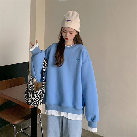 Sonicelife Crewneck Letter Embroidery Long Sleeves Sweatshirt Women Harajuku Hoodie Korean Solid Color Fashion Oversize Tops Women Clothing