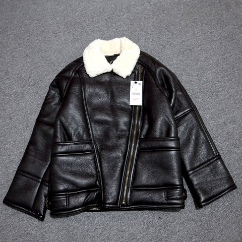 2023 Winter Women Fashion Thick Faux Leather Jacket Casual Pockets Warm Lambswool Oversize Overcoats Female Loose Outwear