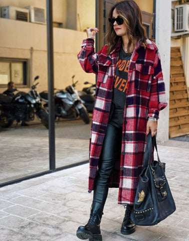 Sonicelife Women's Fashion Long Plaid Coat Autumn Shirt Coat Woolen Coat Streetwear Women Clothing Loose Coat Female Casual Jacket