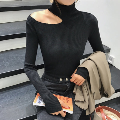 Sonicelife Christmas Gift 2024 Knitted Women high neck Sweater  Off Shoulder Pullovers Turtleneck Autumn Winter Basic Women Sweaters Slim Fit Tops