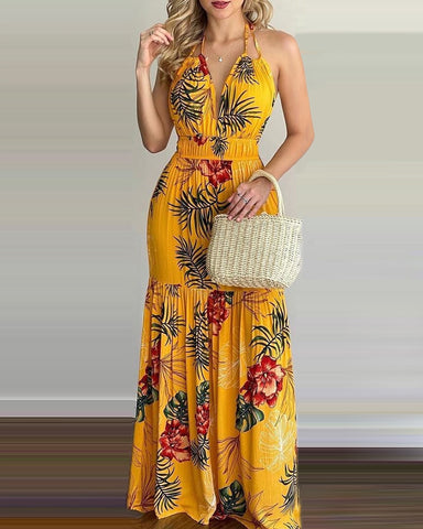2023 Women Summer Spring Tropical Print Halter Backless Maxi Dress Vacation Sleeveless  Boho Beach Dress Casual Floral