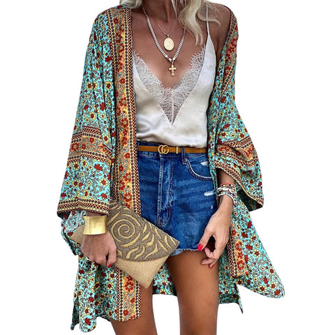 Sonicelife Women Boho Print Floral Beachwear Kimono Cardigan Loose Long Sleeve Shawl Capes Blouse Bikini Cover Wrap Outdoor Thin Coat D30