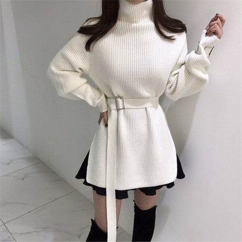 RUGOD elegant tunic belted sweater dress women fashion turtleneck long sleeve knitted dress  split side mini dress vestidos