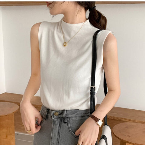 Sonicelife Knitted Top Summer Turtleneck Tank top Women camisole Blouse Sleeveless Slim Top Female sleveless t-shirt Vest Casual Camis