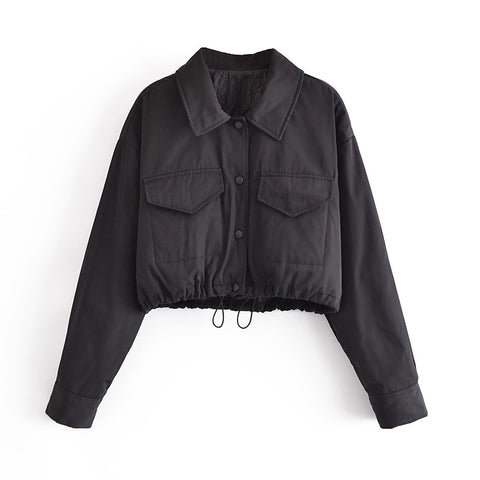 2023 Autumn Women Solid Oversize Thin Crop Parkas Cotton Jacket Long Sleeve Female Black Tunic Padded Overcoat QN155