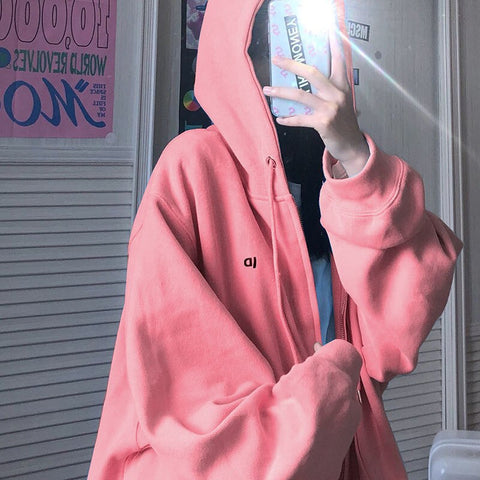 Sonicelife Letter Vintage Zip Up Streetwear Sweatshirts Women Harajuku Oversized Hoodies Thin Pockets Long Sleeve Clothes Korean Style Tops