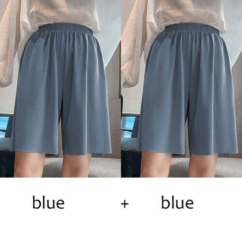 Sonicelife Wide Leg Short Pants Woman Summer Casual Ice Silk Straight Shorts Female Solid Elastic Waist Plus Size Slacks Short for Girls