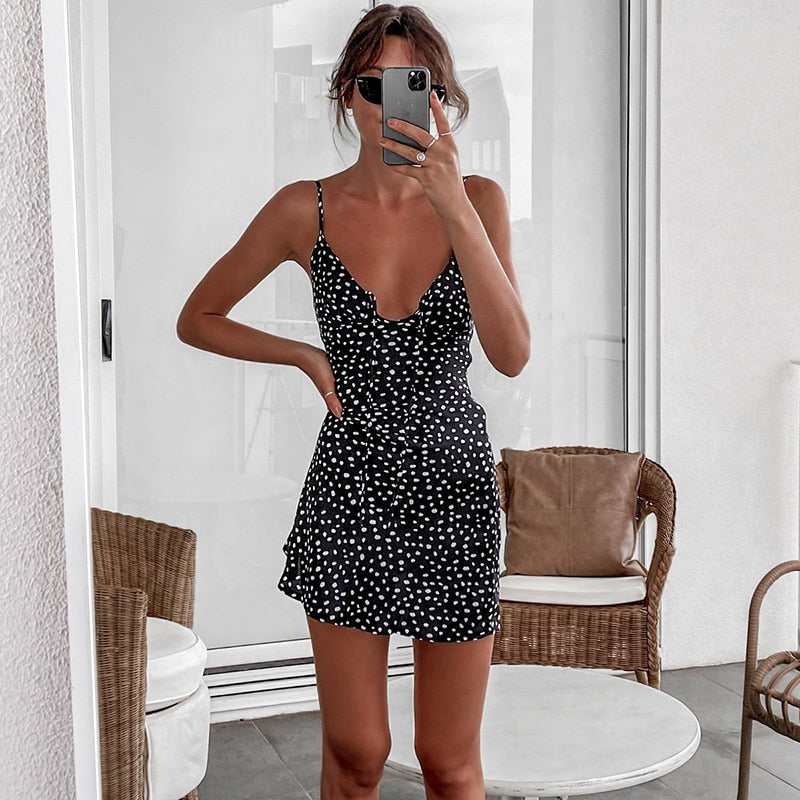 Back to school outfits Sonicelife  Women Polka Dot Dress Stylish Summer Open Front Lace-Up Backless Short Dress Chic Ladies Spaghetti Strap Short A-Line Dress summer dresses for women 2022