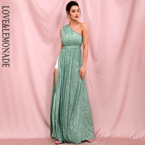 LOVE&LEMONADE  light green strapless a-line elastic sequins whit split maxi dress long dress LM82406