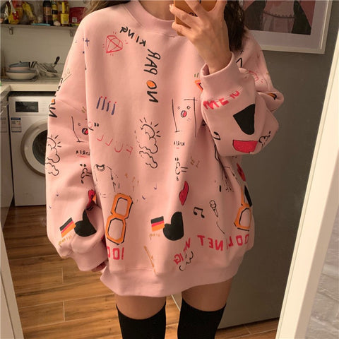 Crew Neck Women Pullover Streetwear Spring Korean Fashion Cartoons Printing Loose Full Sleeve Tops for Girl Harajuku Sweatshirts